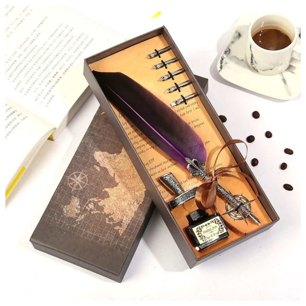 Kit Caneta Tinteiro Pena Roxo Antiga Simples Kit Caneta Tinteiro Pena Roxo Antiga Simples